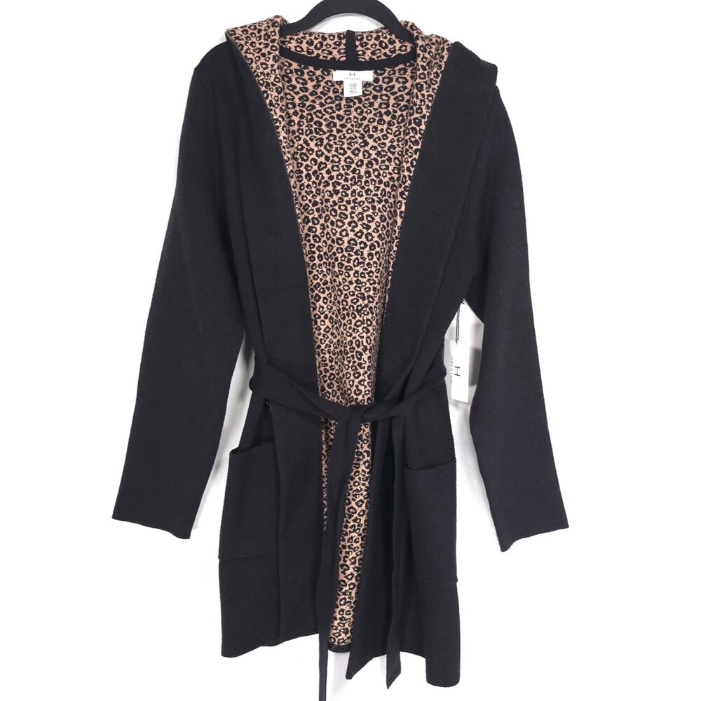 HALSTON New Hooded Coverall Sweater Cardigan MEDIUM Leopard Print Lining Tie